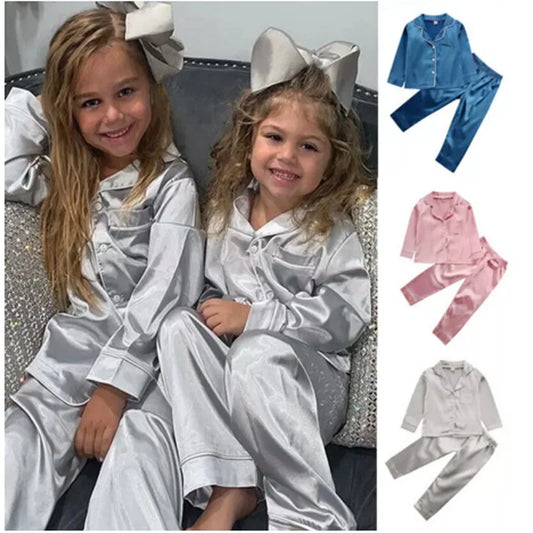 Unisex Kids Silk Satin Pajamas Set Long Sleeve Button-Down Nightgown Infant Baby Sleepwear Top Pants Combo for Boys And Girls