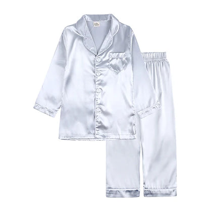 Unisex Kids Silk Satin Pajamas Set Long Sleeve Button-Down Nightgown Infant Baby Sleepwear Top Pants Combo for Boys And Girls