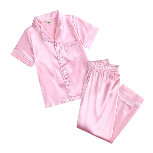 Unisex Kids Silk Satin Pajamas Set Long Sleeve Button-Down Nightgown Infant Baby Sleepwear Top Pants Combo for Boys And Girls