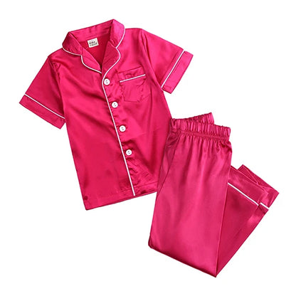 Unisex Kids Silk Satin Pajamas Set Long Sleeve Button-Down Nightgown Infant Baby Sleepwear Top Pants Combo for Boys And Girls