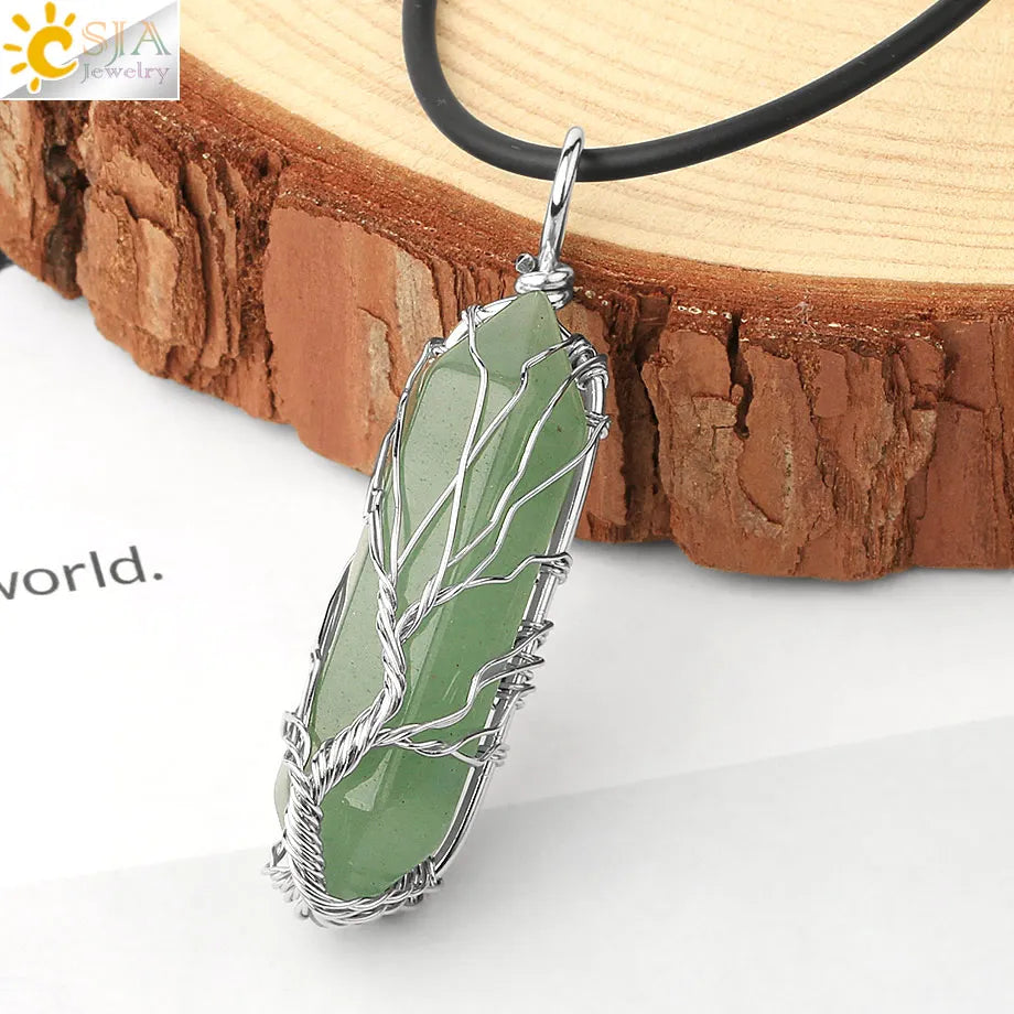 Crystals Necklace Natural Gem Stone Pendant Hexagonal Silver Color Life Tree Wire Wrap White Raw Crystal Quartz Jewelry G551