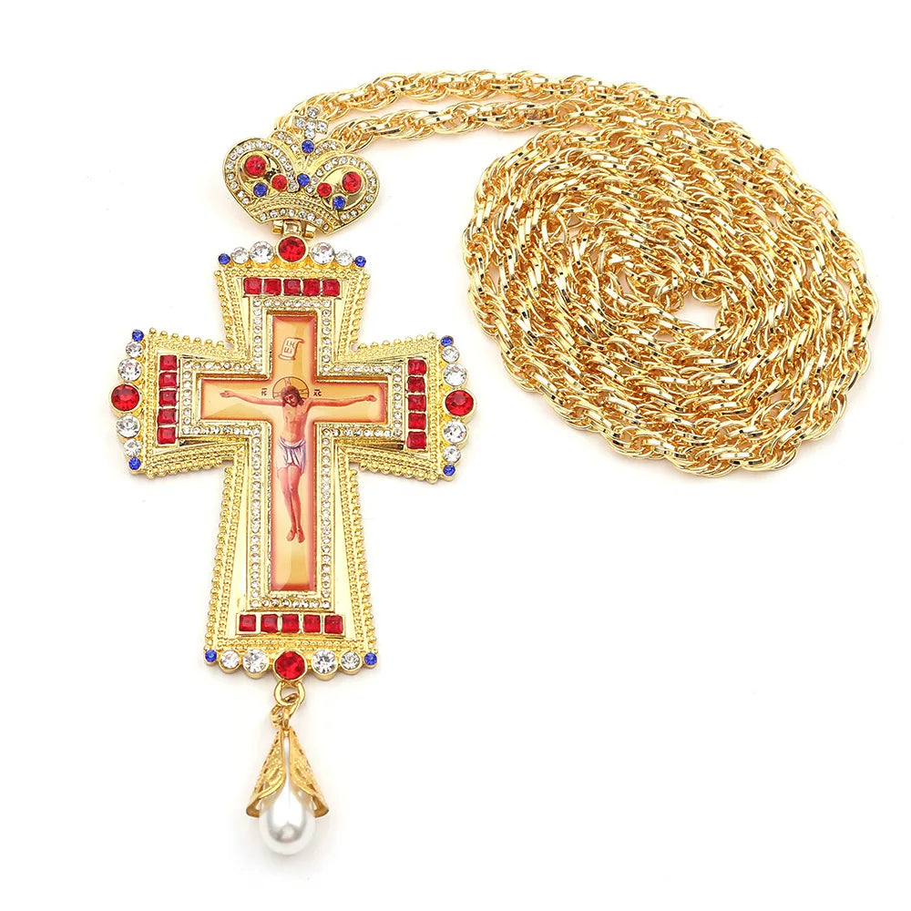 Religious Jesus Byzantine Cross Pendant Necklace Gold Plated Russian Big Heavy Orthodox Catholic Cross Necklace for Men Women