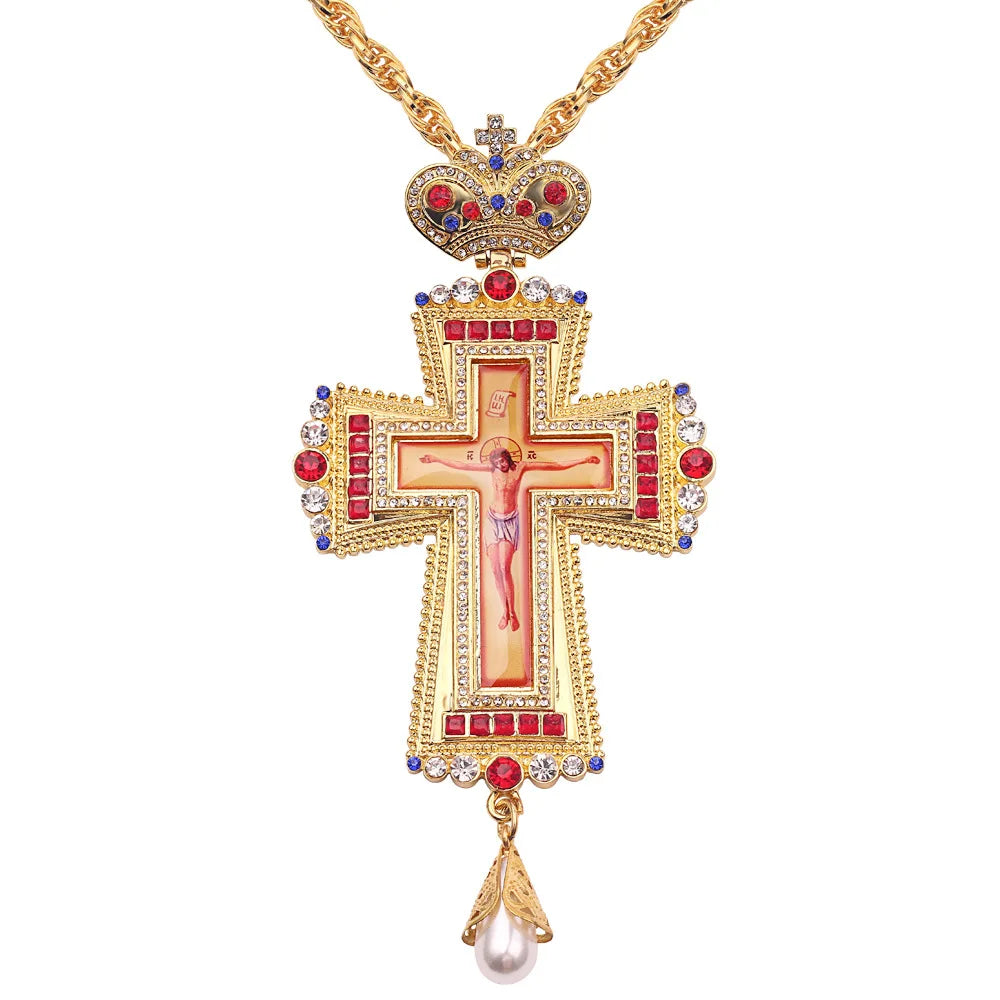 Religious Jesus Byzantine Cross Pendant Necklace Gold Plated Russian Big Heavy Orthodox Catholic Cross Necklace for Men Women