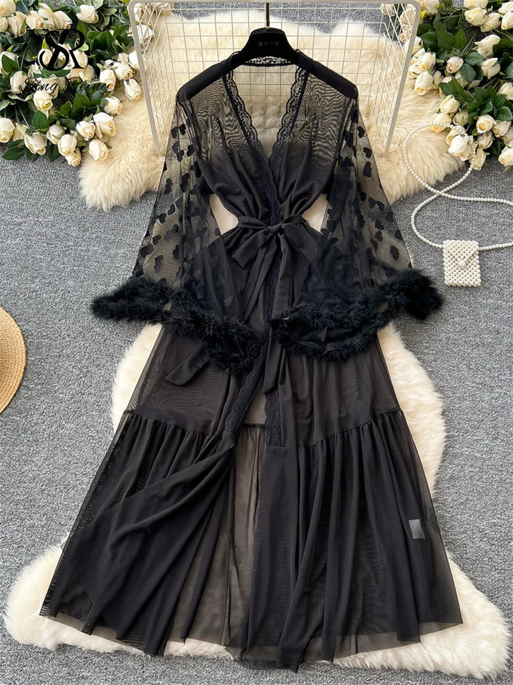 SINGREINY Women Elegant Sheer Sexy Cardigan Robes Wools Spliced Long Sleeve Shawls Fashion French Gauze Transparent Long Robes