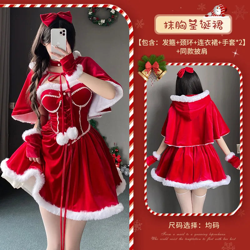 Cute Chic Lady Christmas Tube Dress Women Santa Claus Cosplay Costume with Fur cape New Year Lolita Party Costume