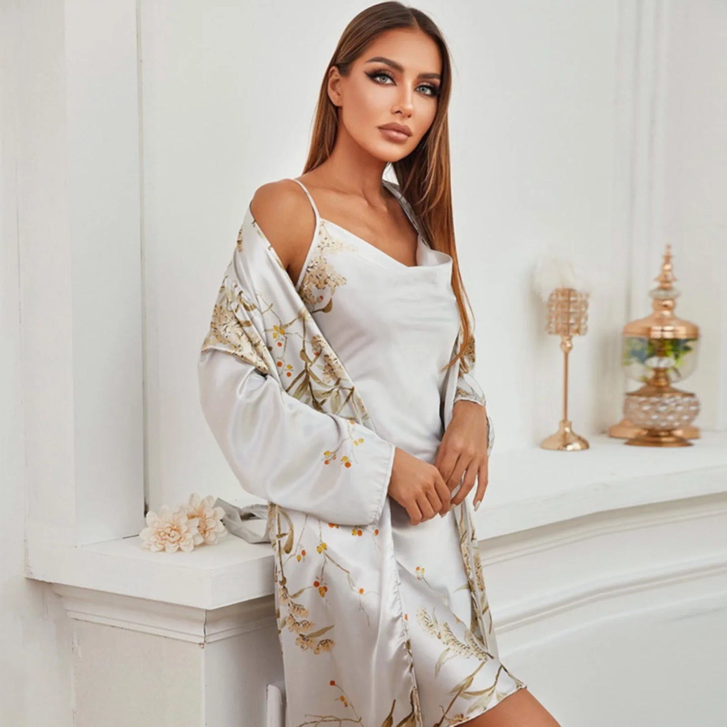 2 PC Robe Sets Luxury Vintage Printed Women Cowl Neck Sleeveless Nightgowns With Long Sleeve Cardigan Women Kimono Home Clothes