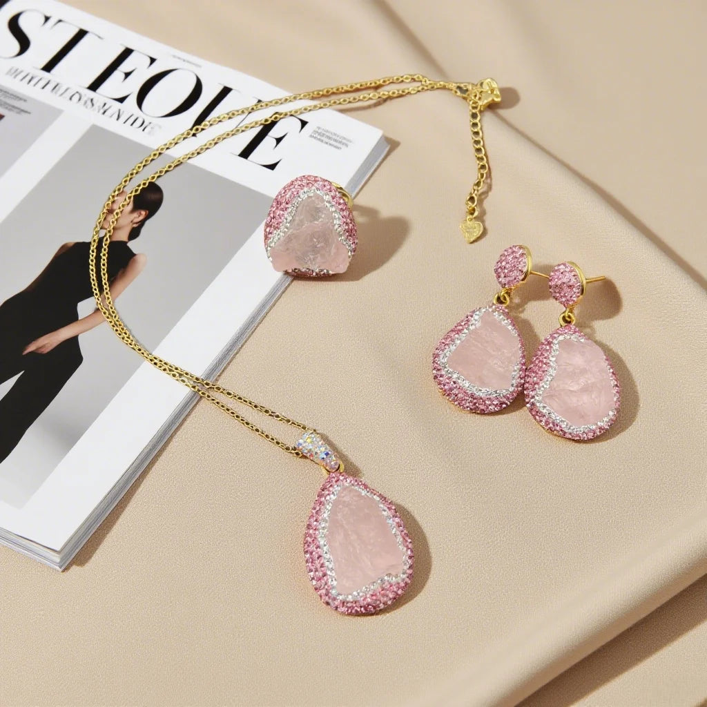 Healing Crystal Jewelry Set Rough Natural Pink Crystal Necklace Earring Ring for Women Handmade Raw Quartz Stone Wedding Gift