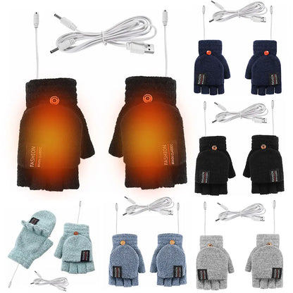 USB Electric Heated Gloves Touchscreen Double-Sided Heating Gloves Fingerless Hands Warmer Winter Skiing Cycling Thermal Gloves