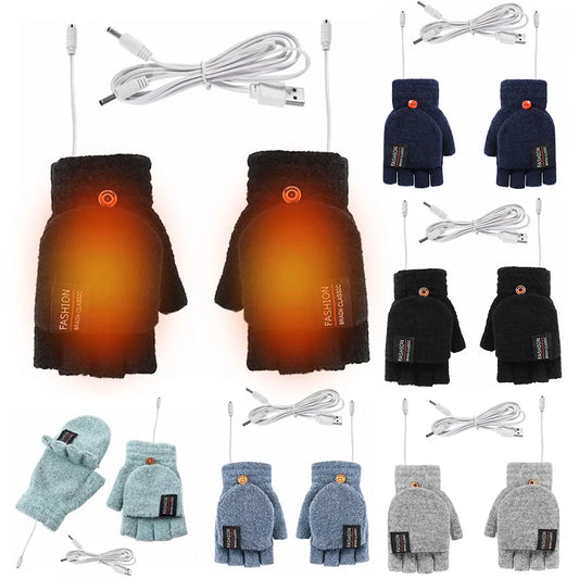 USB Electric Heated Gloves Touchscreen Double-Sided Heating Gloves Fingerless Hands Warmer Winter Skiing Cycling Thermal Gloves