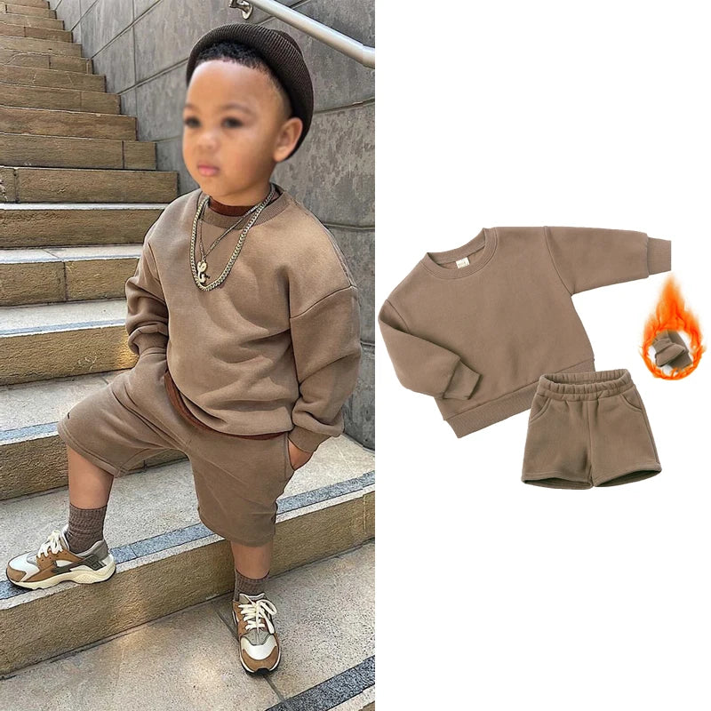 2025 New Winter Kids Boys Girls Clothes 2 Pieces Tracksuit Outfits Set Solid Top Sweatshirt+Elastic Joggers Shorts Causal Suit