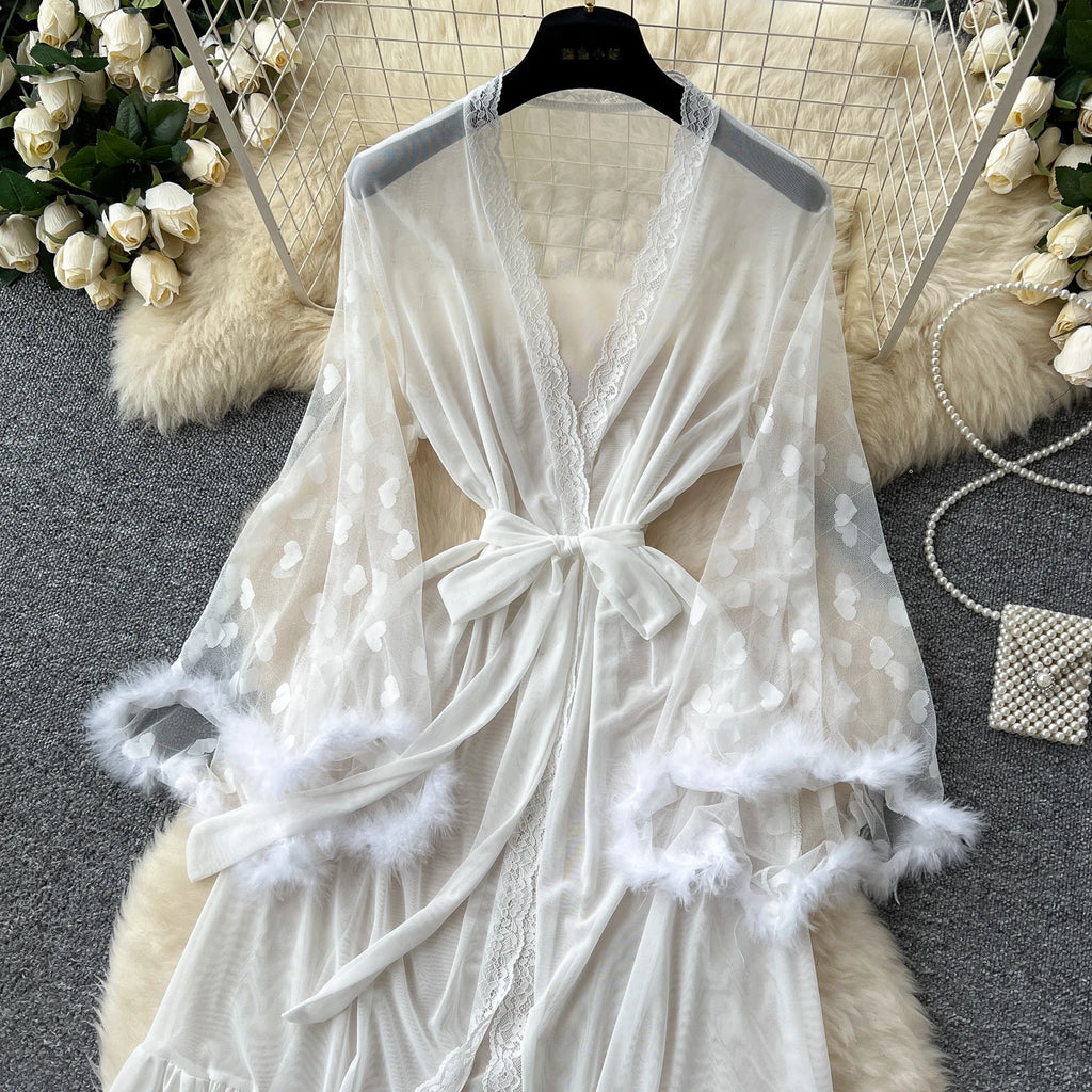 SINGREINY Women Elegant Sheer Sexy Cardigan Robes Wools Spliced Long Sleeve Shawls Fashion French Gauze Transparent Long Robes