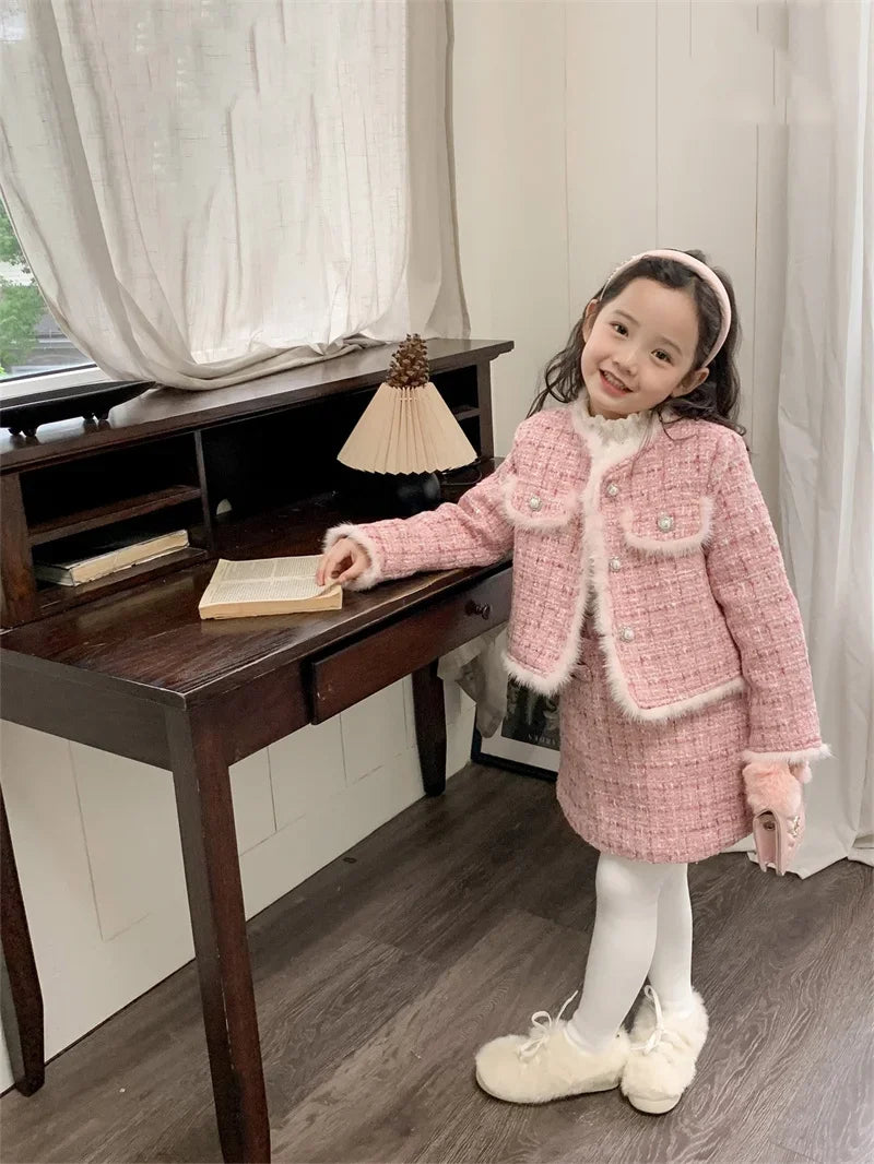 Kids 2Pcs Tweed Clothes Sets Girl Fashion Spring Winter Children Suits for 1-10Ys Elegant Sweet Outfit Kids Clothes