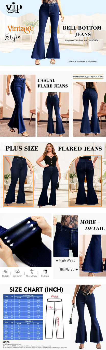 Curvy Fit High Waisted Flared Jeans for Women Plus Size Stretch Denim Pants Elegant Retro Wide Leg Casual Streetwear
