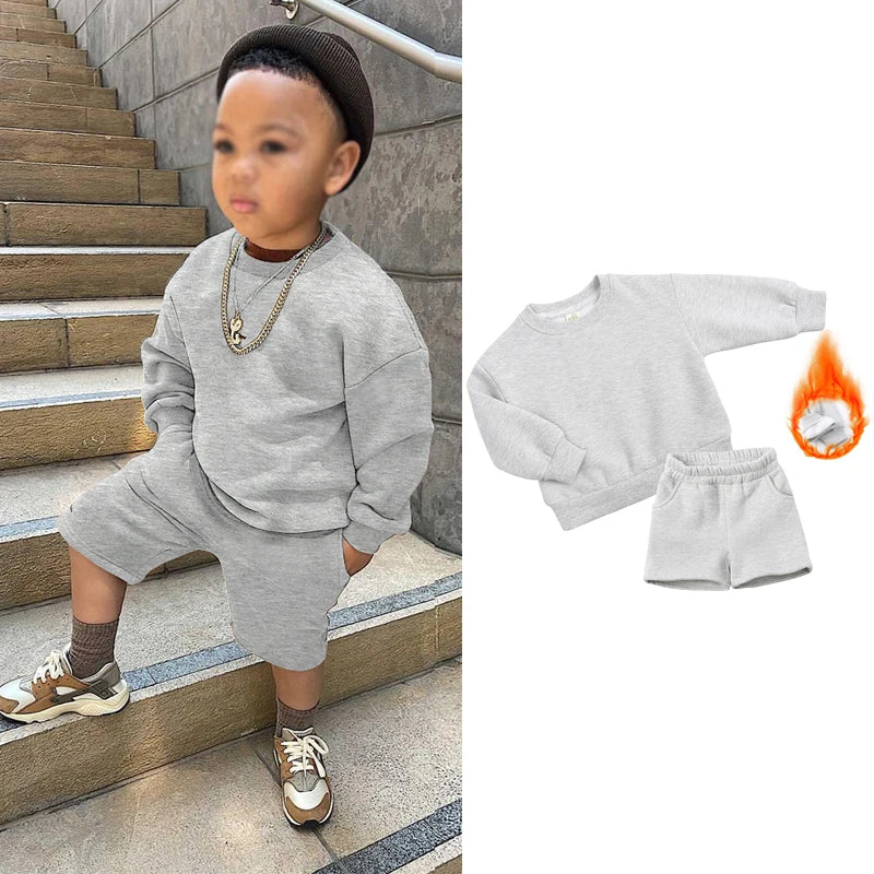 2025 New Winter Kids Boys Girls Clothes 2 Pieces Tracksuit Outfits Set Solid Top Sweatshirt+Elastic Joggers Shorts Causal Suit