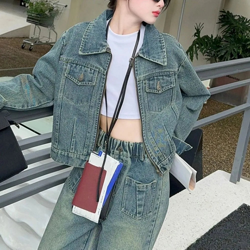 Two Pieces Set Y2K Children Cowboy Set Wide Leg Pants Loose Jeans Jacket Suit Teens Retro Girls Clothes Set Party