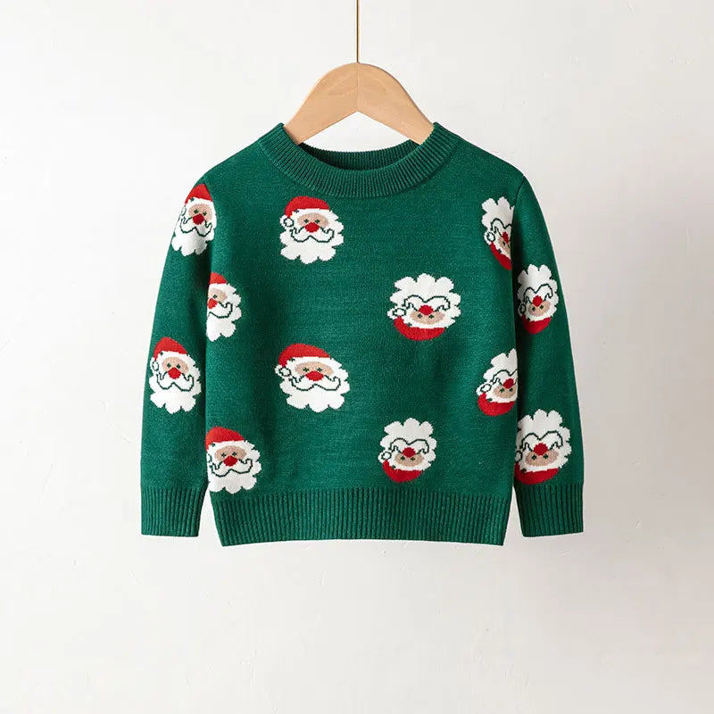 Kids Christmas Plush Pullover Sweater Warm Winter Autumn Cartoon Print Green O-Neck Unisex Clothing for Boys And Girls 2-7 Years