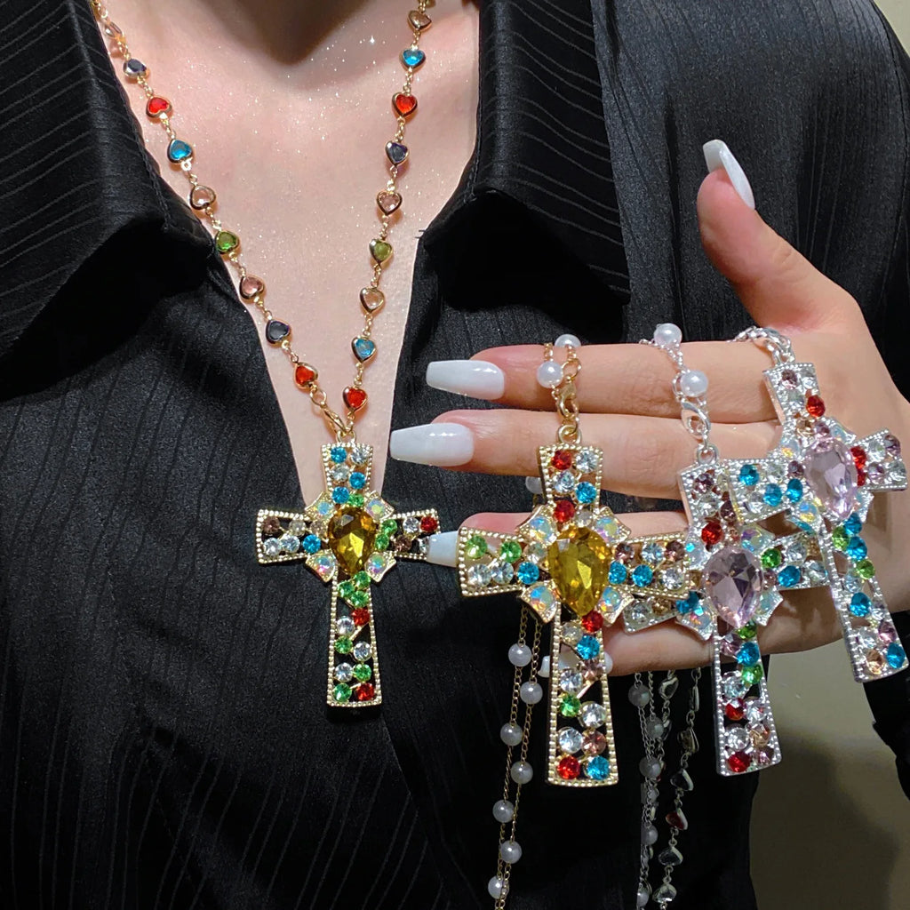 WANZHI Exquisite Metal Zircon Cross Tassel Necklaces for Women Men Luxurious Punk Long Choker Fashion Jewelry Accessories Gifts