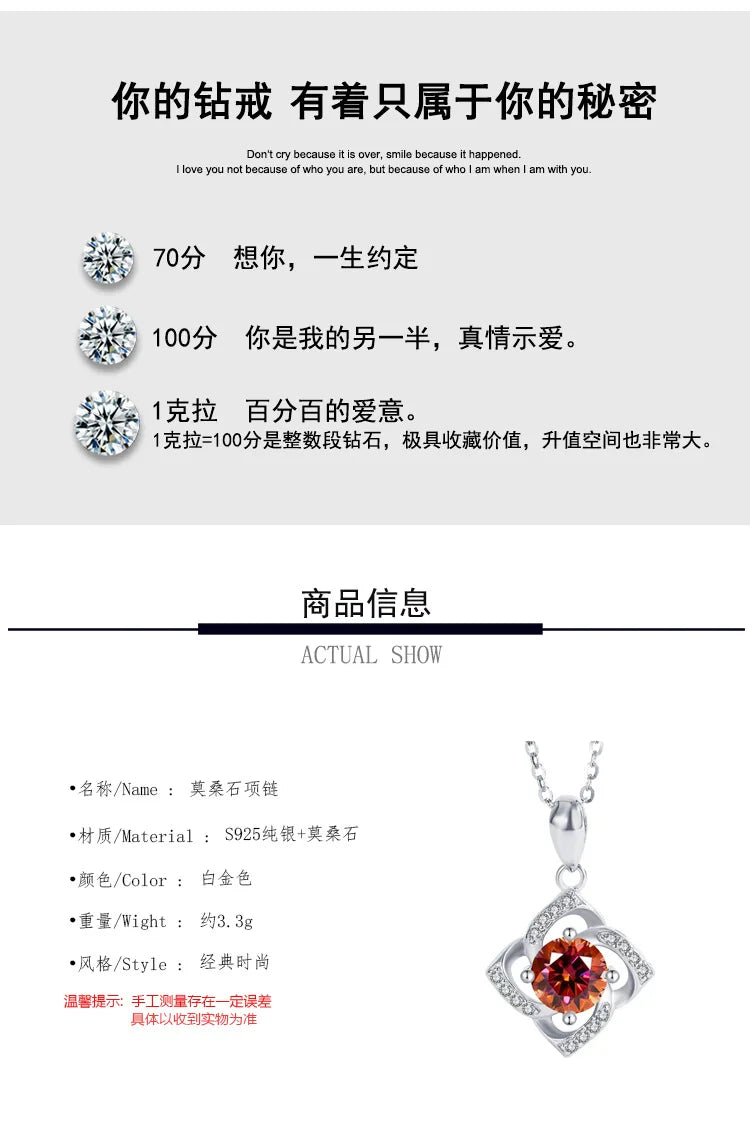 s925 sterling silver four-leaf clover necklace, silver pendant, Moissanite necklace, classic for women