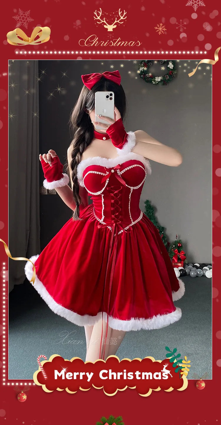 Cute Chic Lady Christmas Tube Dress Women Santa Claus Cosplay Costume with Fur cape New Year Lolita Party Costume