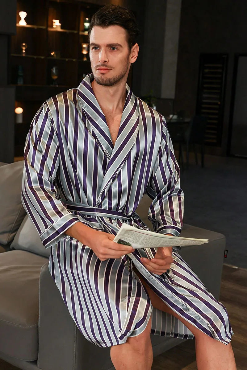 Men Kimono Satin Home Bathrobe Gown Satin Sleepwear Loose Loungewear Lapel Peignoir Homme Loose Nightwear Male Dressing Gown