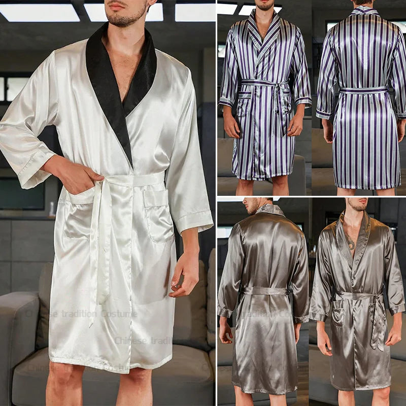 Men Kimono Satin Home Bathrobe Gown Satin Sleepwear Loose Loungewear Lapel Peignoir Homme Loose Nightwear Male Dressing Gown