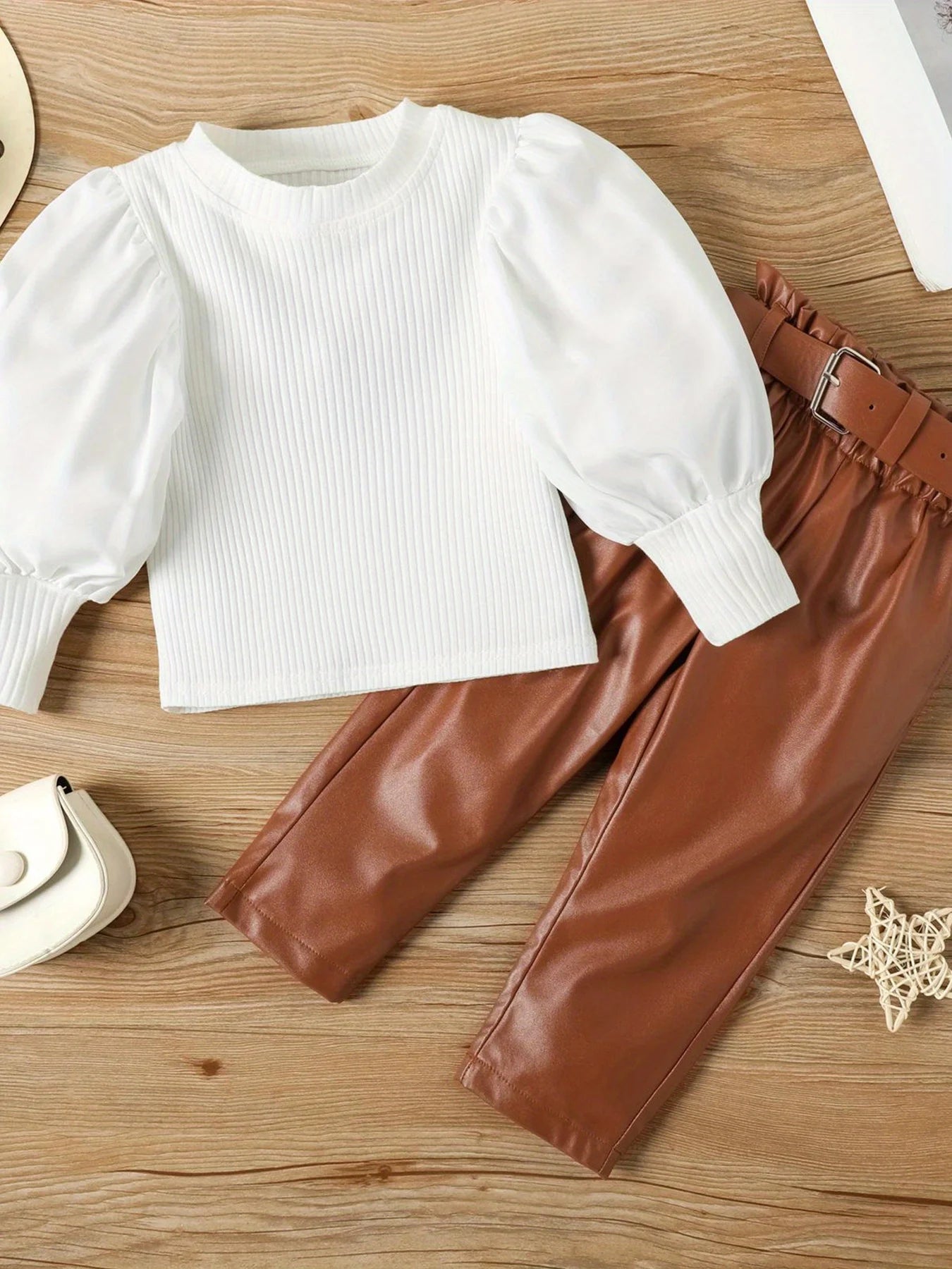 Girls Fall/Winter Casual Outfit Set - Long Sleeve Ruffled Blouse + Brown Belted Pants + White Ankle Boots