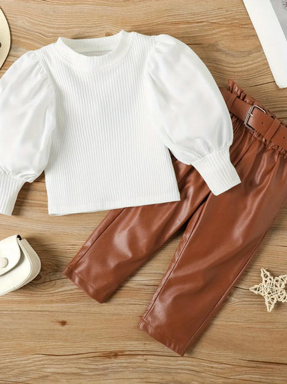 Girls Fall/Winter Casual Outfit Set - Long Sleeve Ruffled Blouse + Brown Belted Pants + White Ankle Boots