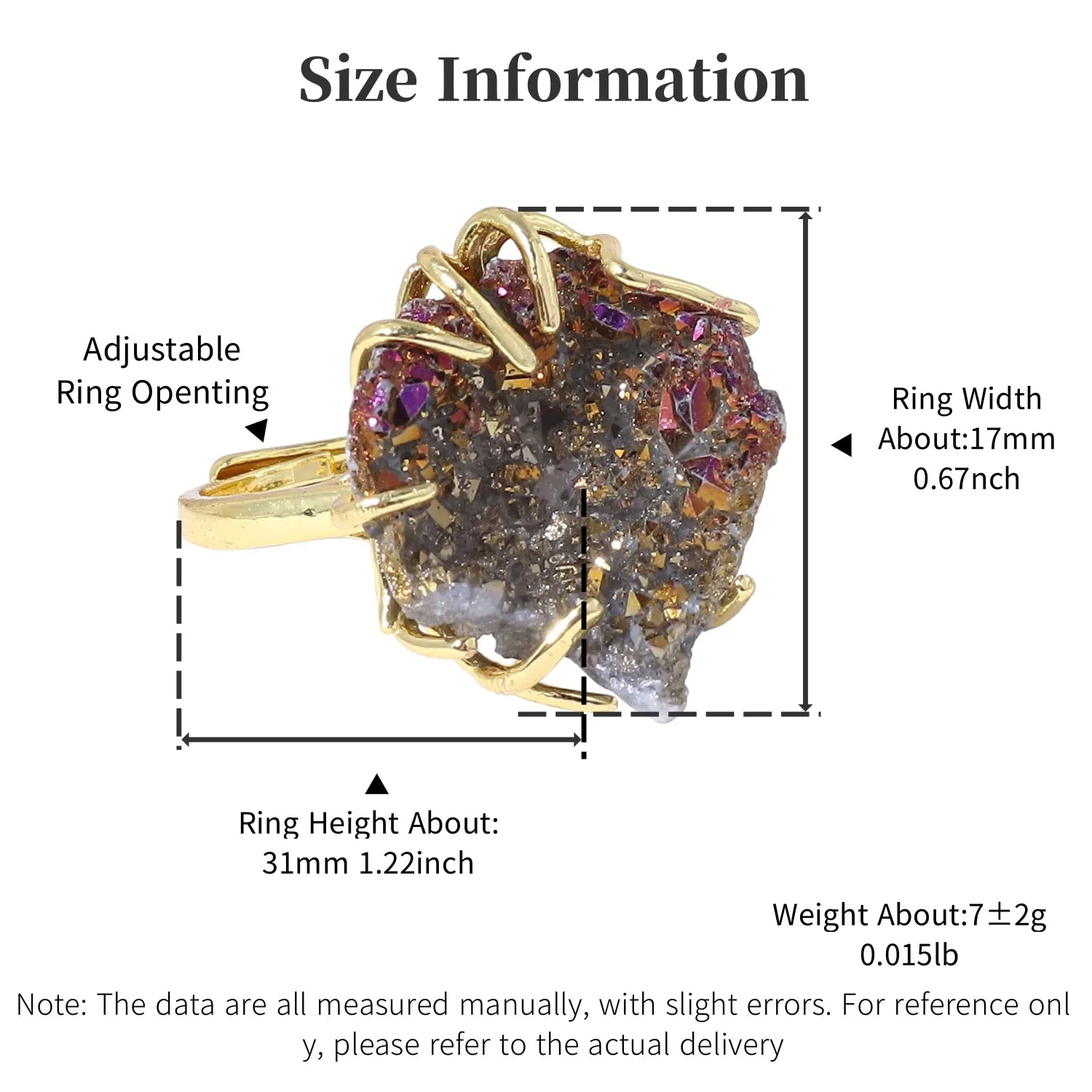 2025 Adjustable Natural Crystal Raw Cluster Ring Colorful Healing Crystal Jewelry Unisex Crystal Wristband Mindfulness Accessory