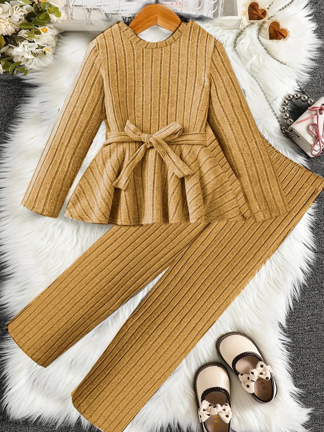 Two Piece Set  Girls' Set Winter Long Sleeved Casual Ruffle Edge Skirt For Girls' Clothing Wide Leg Pants For Big Boys Versatile