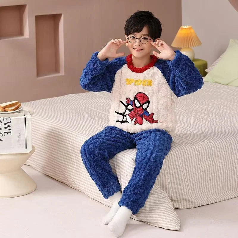 New Autumn Winter Children Flannel Pajama Set Teen Boys Cartoon Spiderman Velvet Thicken Long Sleeves Pants 2pcs Kids Sleepwear