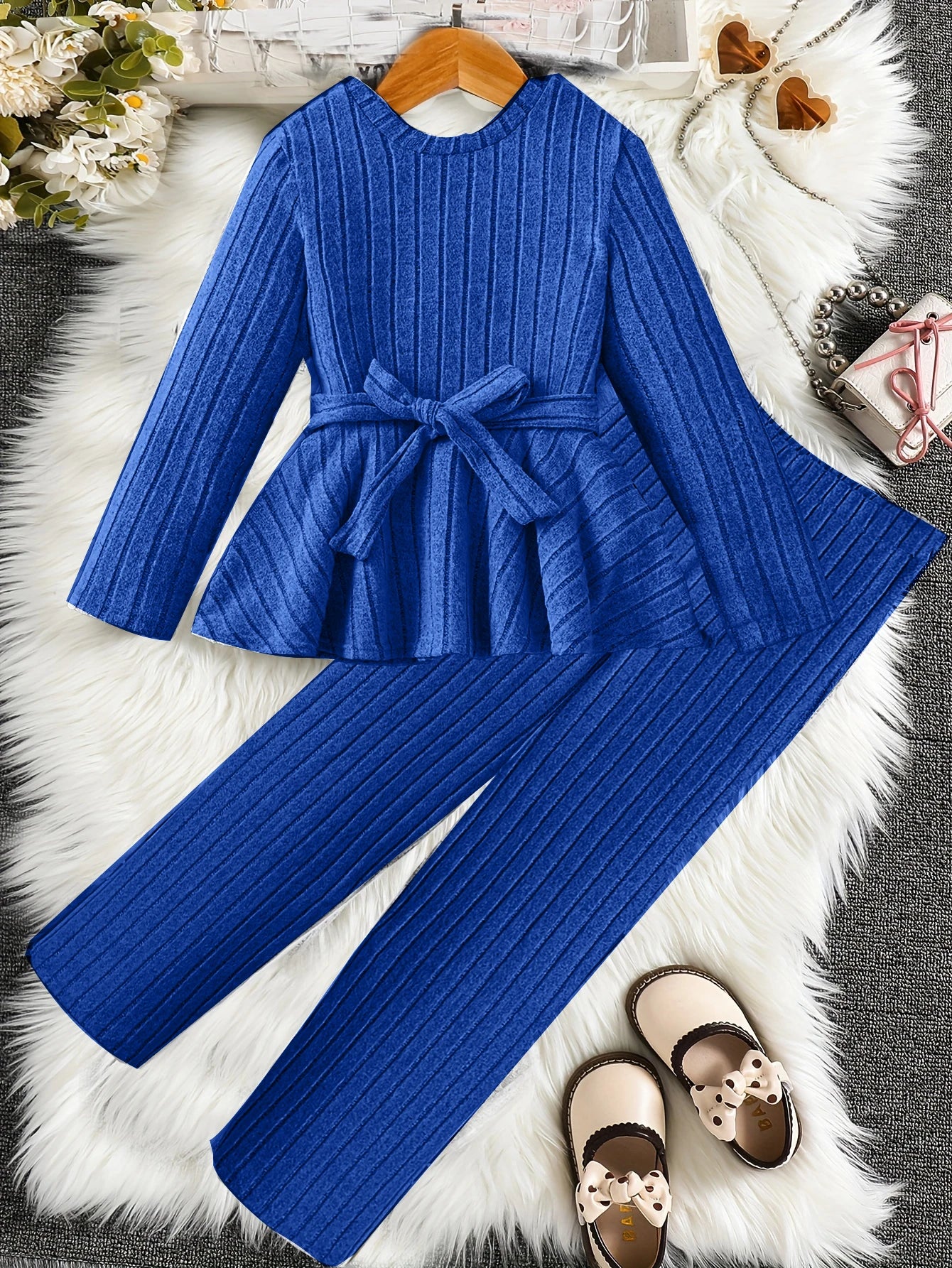 Two Piece Set  Girls' Set Winter Long Sleeved Casual Ruffle Edge Skirt For Girls' Clothing Wide Leg Pants For Big Boys Versatile