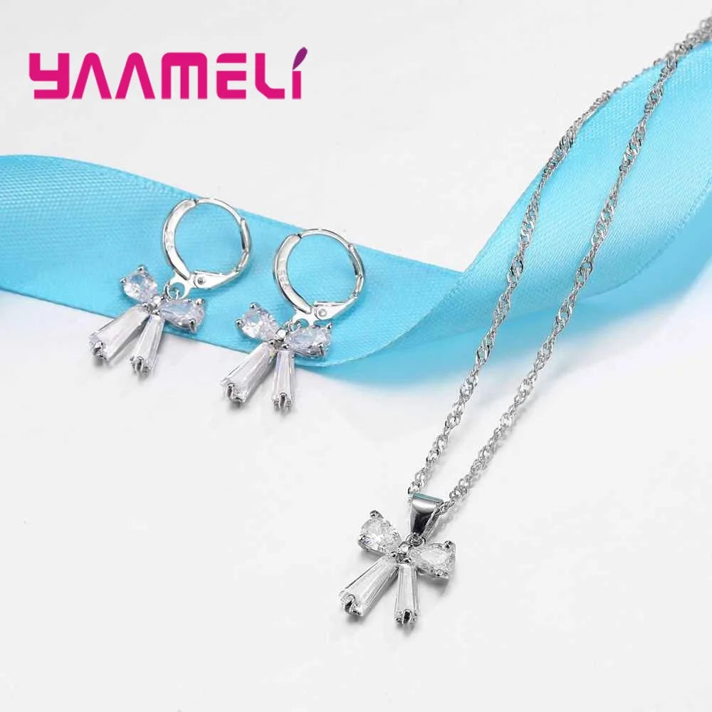 Crystal Bowknot Jewelry Sets Include 925 Sterling Silver Necklace Earrings SetsFor Women Gorgeous Accessories