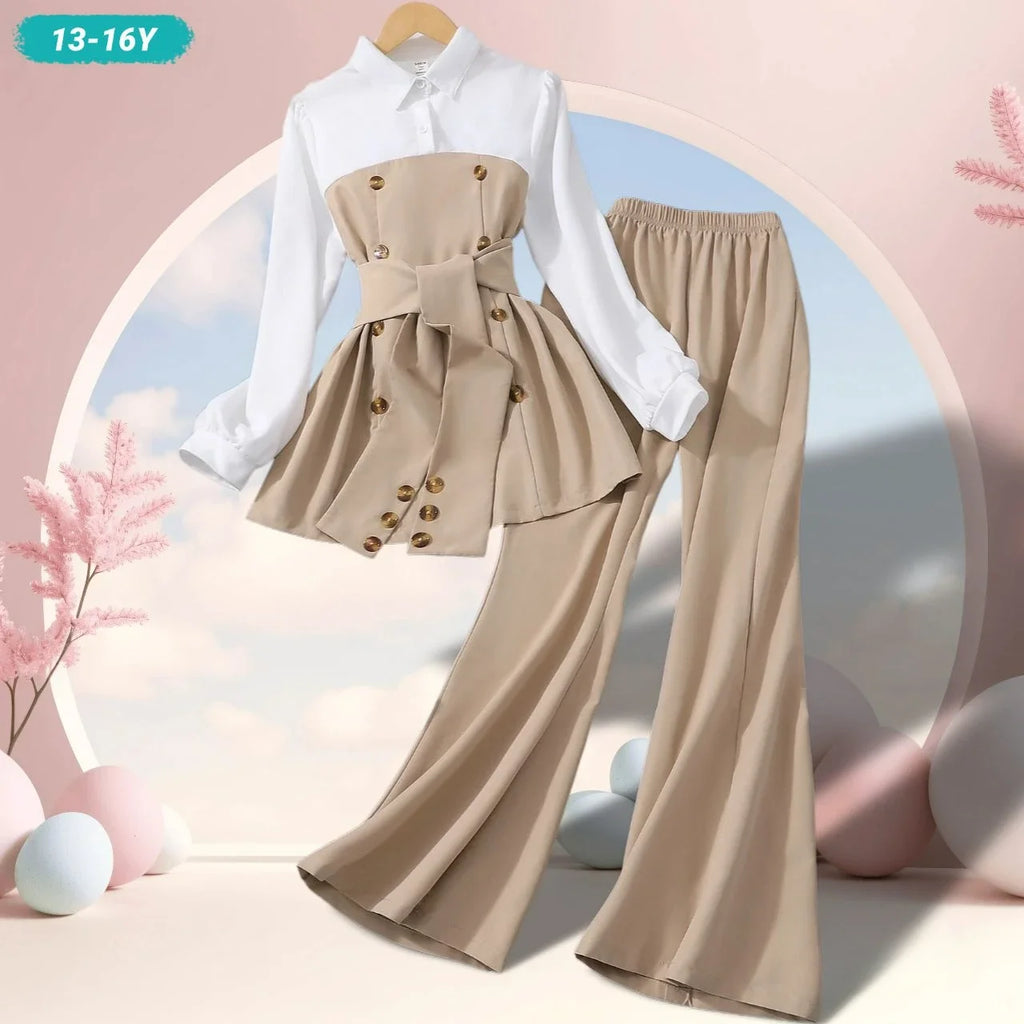 Teen Girls Clothing Set Long Sleeve Solid Color Spring Autumn Belt Children Suit Casual Elegant Comfort Girls Outfits 13-16Y