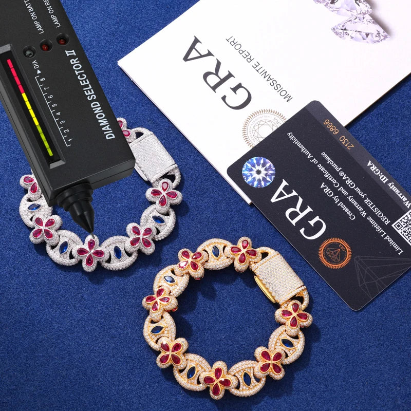 New 925 Sterling Sterling Lucky Clover Bracelet Iced Out Bling Moissanite Evil Eye Link Chain Luxury Hip Hop Party Jewelry Gifts