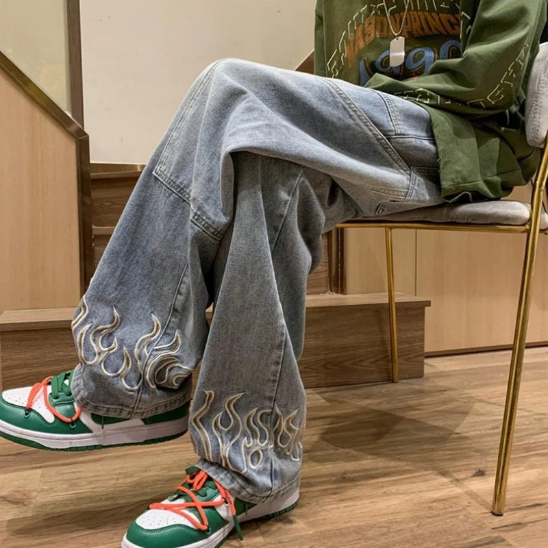 Men's Y2K Flame Pattern Wide Leg Jeans Casual Hip Hop Aesthetic Denim Pants Baggy Straight Leg Relaxed Fit Trousers