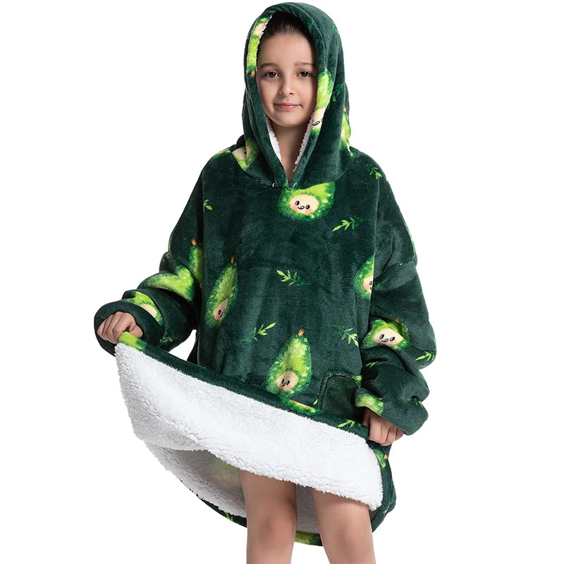 Oversized Wearale Blanket Hoodie Flannel Sherpa Fleece Warm Soft Winter Hoodie Sweatshirt for Kids Adults Home Blanket Snuggle