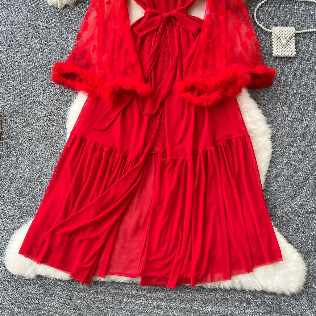 SINGREINY Women Elegant Sheer Sexy Cardigan Robes Wools Spliced Long Sleeve Shawls Fashion French Gauze Transparent Long Robes