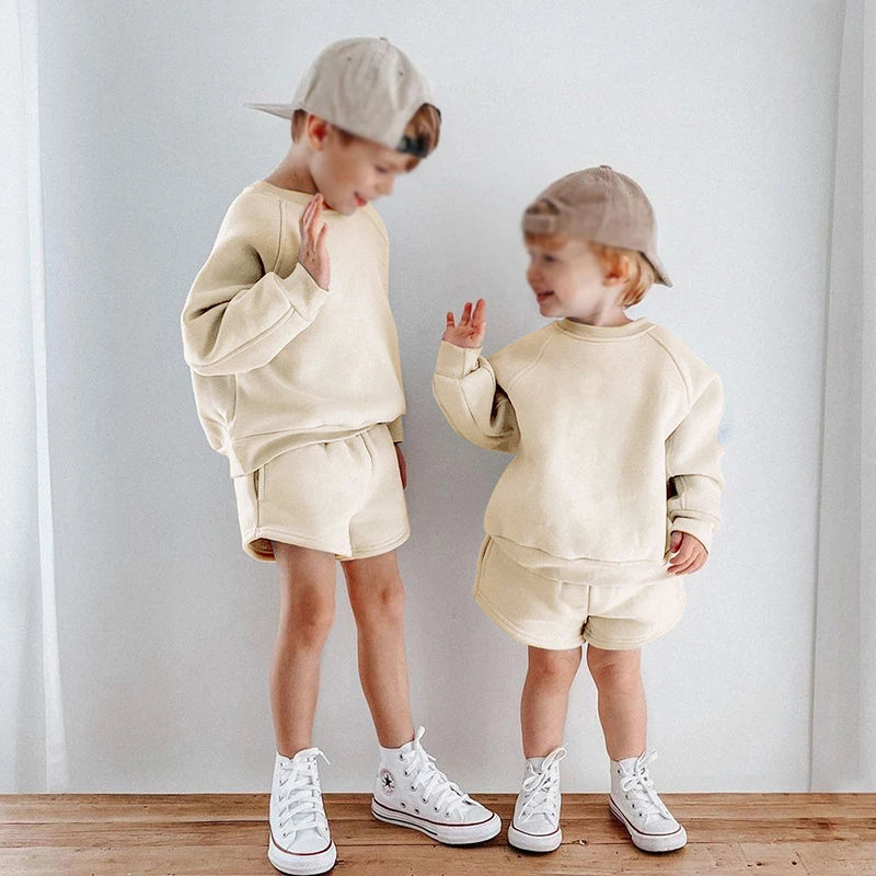 2025 New Winter Kids Boys Girls Clothes 2 Pieces Tracksuit Outfits Set Solid Top Sweatshirt+Elastic Joggers Shorts Causal Suit
