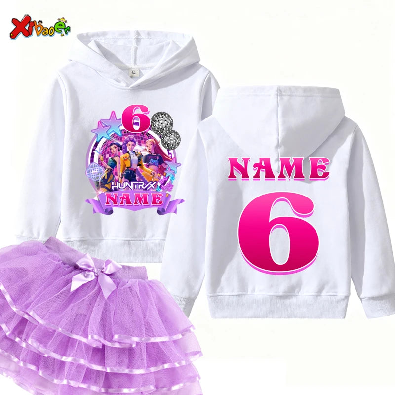 Kpop Hunter Girls Birthday Hoodies Girl Party Outfits Teen Girl Hoodie Kids Hooded Children Sweatshirt Birthday Tutu Set 5th 6th