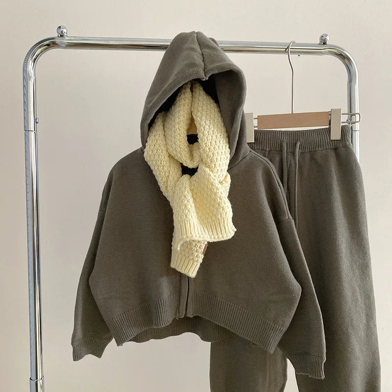 Children Clothing 2022 Autumn Winter Girls Casual Sweater Set Hooded Knitted Coat and Pants Two Piece Set Korean Kids Clothes