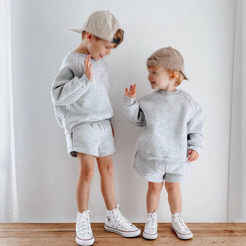 2025 New Winter Kids Boys Girls Clothes 2 Pieces Tracksuit Outfits Set Solid Top Sweatshirt+Elastic Joggers Shorts Causal Suit