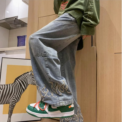 Men's Y2K Flame Pattern Wide Leg Jeans Casual Hip Hop Aesthetic Denim Pants Baggy Straight Leg Relaxed Fit Trousers