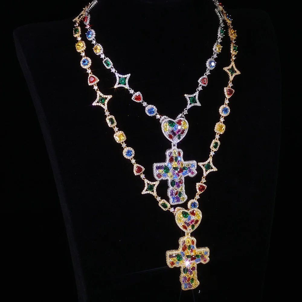 Trendy New Arrivals Cross Pendant Necklace Fancy Cut Diamonds Fashion Iced Out Multi-Colored Gemstones Chain Hip Hop Jewelry