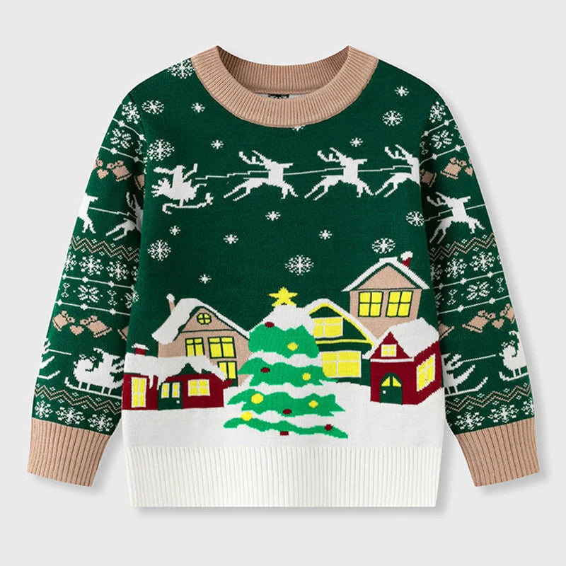 Kids Christmas Plush Pullover Sweater Warm Winter Autumn Cartoon Print Green O-Neck Unisex Clothing for Boys And Girls 2-7 Years