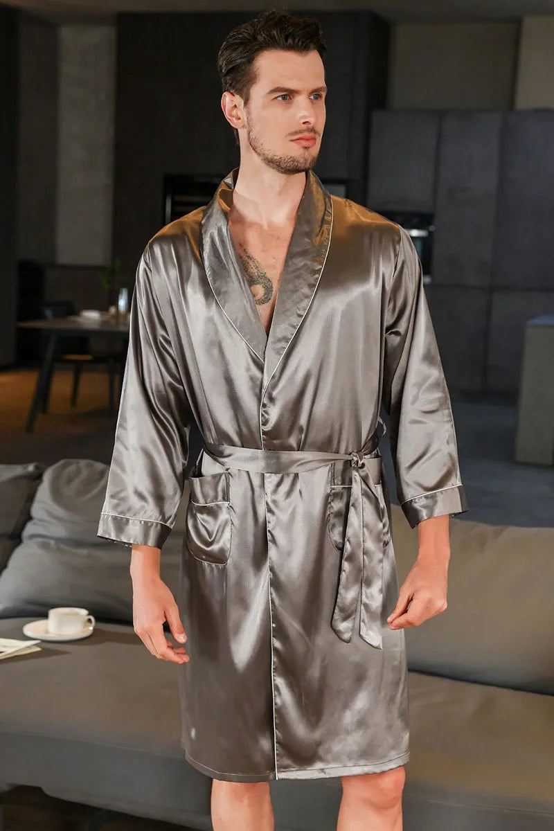 Men Kimono Satin Home Bathrobe Gown Satin Sleepwear Loose Loungewear Lapel Peignoir Homme Loose Nightwear Male Dressing Gown
