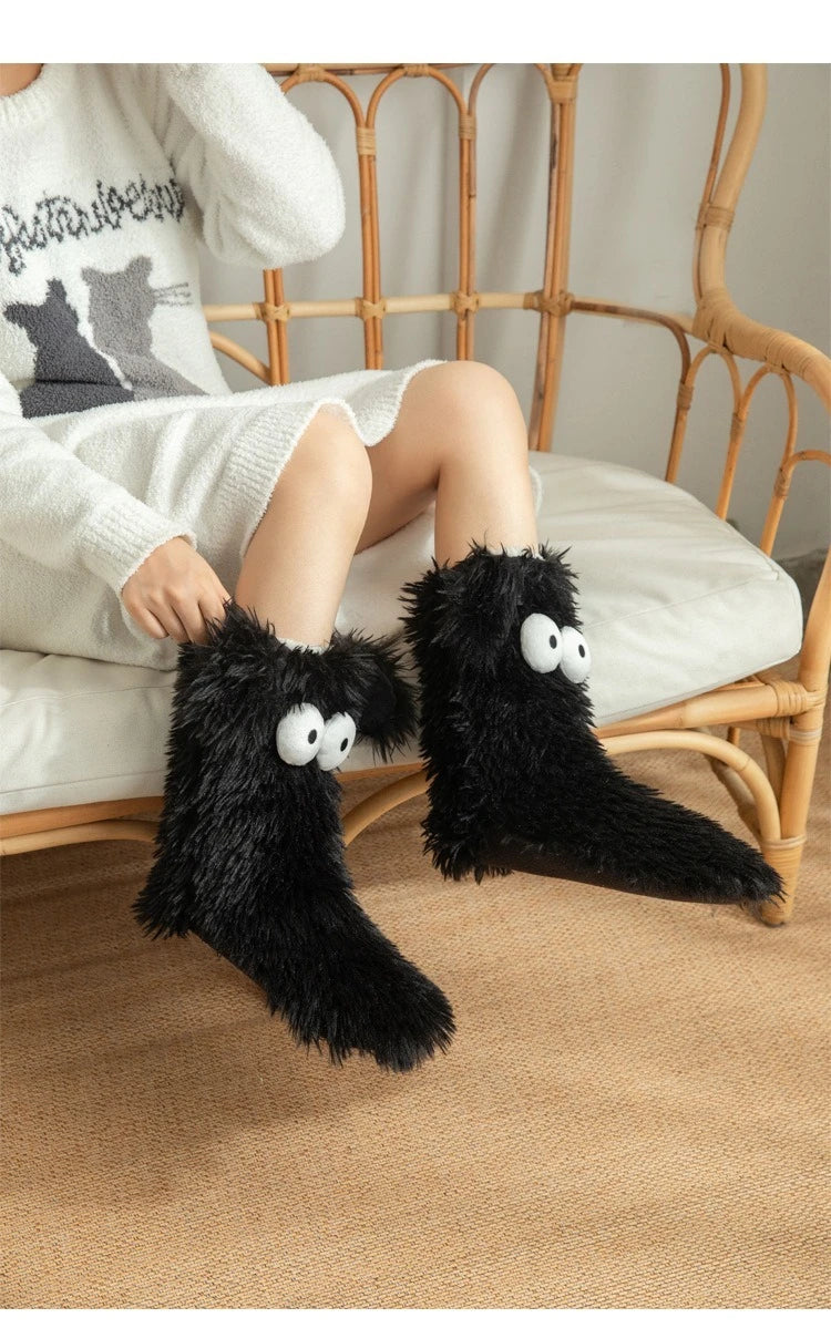 Women's Men Winter Kawaii Big Eyes Slipper Socks with Puppy Ears Cartoon Non-slip Floor Socks Warm Thickened Coral Stockings  ﻿