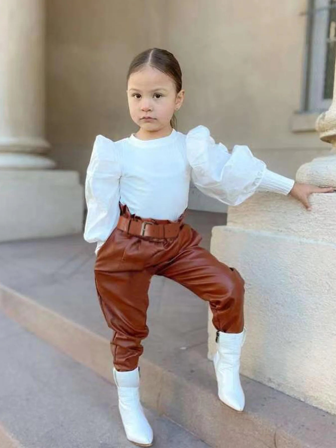 Girls Fall/Winter Casual Outfit Set - Long Sleeve Ruffled Blouse + Brown Belted Pants + White Ankle Boots