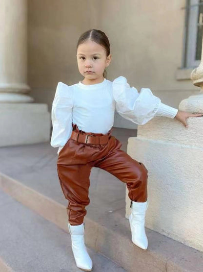 Girls Fall/Winter Casual Outfit Set - Long Sleeve Ruffled Blouse + Brown Belted Pants + White Ankle Boots