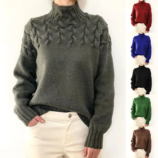 Amazon Cross-Border Inventory Women's Fashionable Cable Knit Details Polo/Turtle Neck Long Sleeve Sweater from China Mainland