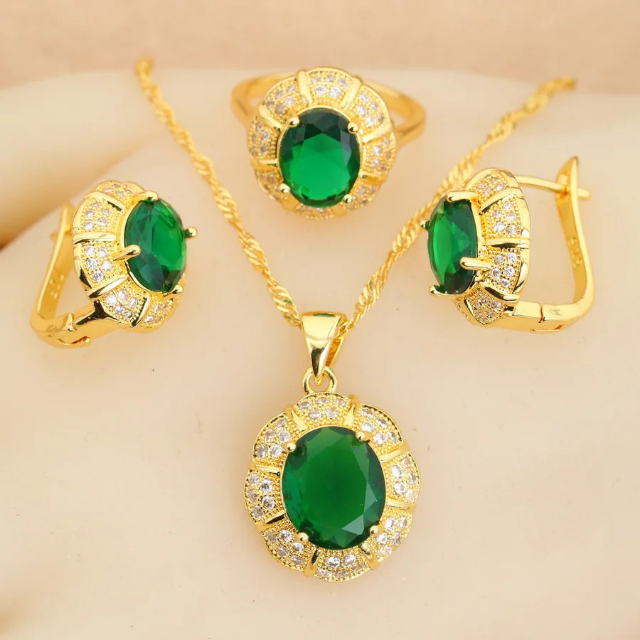 Classic 18K Gold Plated Bridal Jewelry Sets for Women Blue Crystal Club Earrings Necklace Pendant Ring Wedding Gift